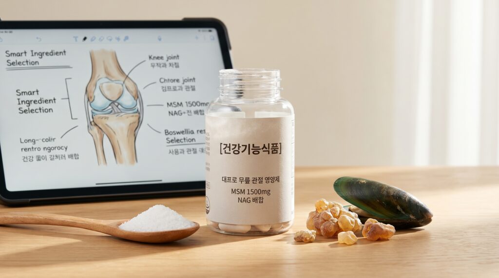 식약처 건강기능식품 인증 마크와 MSM, NAG 성분이 표기된 무릎 관절 영양제 제품 및 원재료 구성 이미지